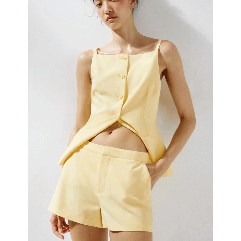 Conjunto de Dos Piezas para Mujer, Estilo Casual, Top Tipo Ceco de Lino, Plones Cortos de Cintura Media, Cuello Redond...