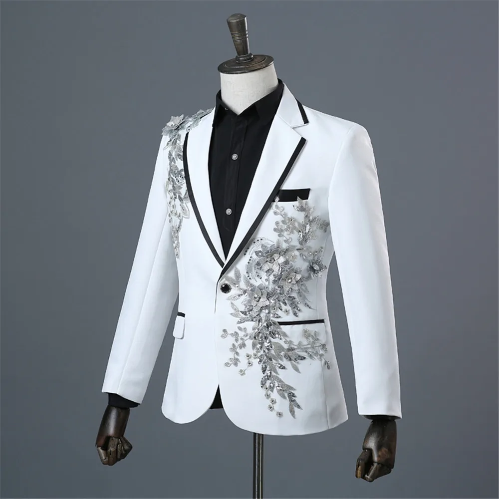 Men White Appliqued Blazer Masculino Chinese Red Costume Homme Pour Mariage Stage Wear