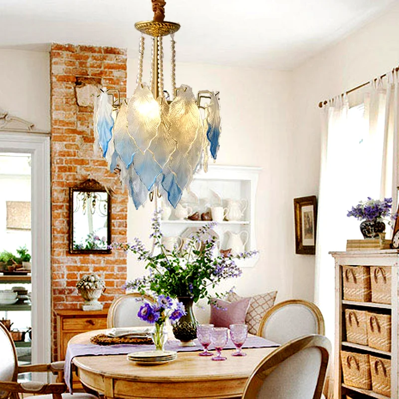 

Gradient Blue Glass Chandeliers LED Lighting Cottage Romantic French Hanging Lamps for Ceiling Vintage Dining Room Decor Lustres