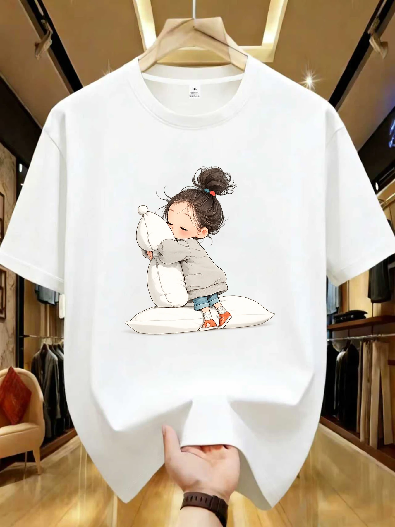 

【WZM104133】Sleeping girl printed plus size women's round neck summer casual short sleeved street fashion versatile T-shirt