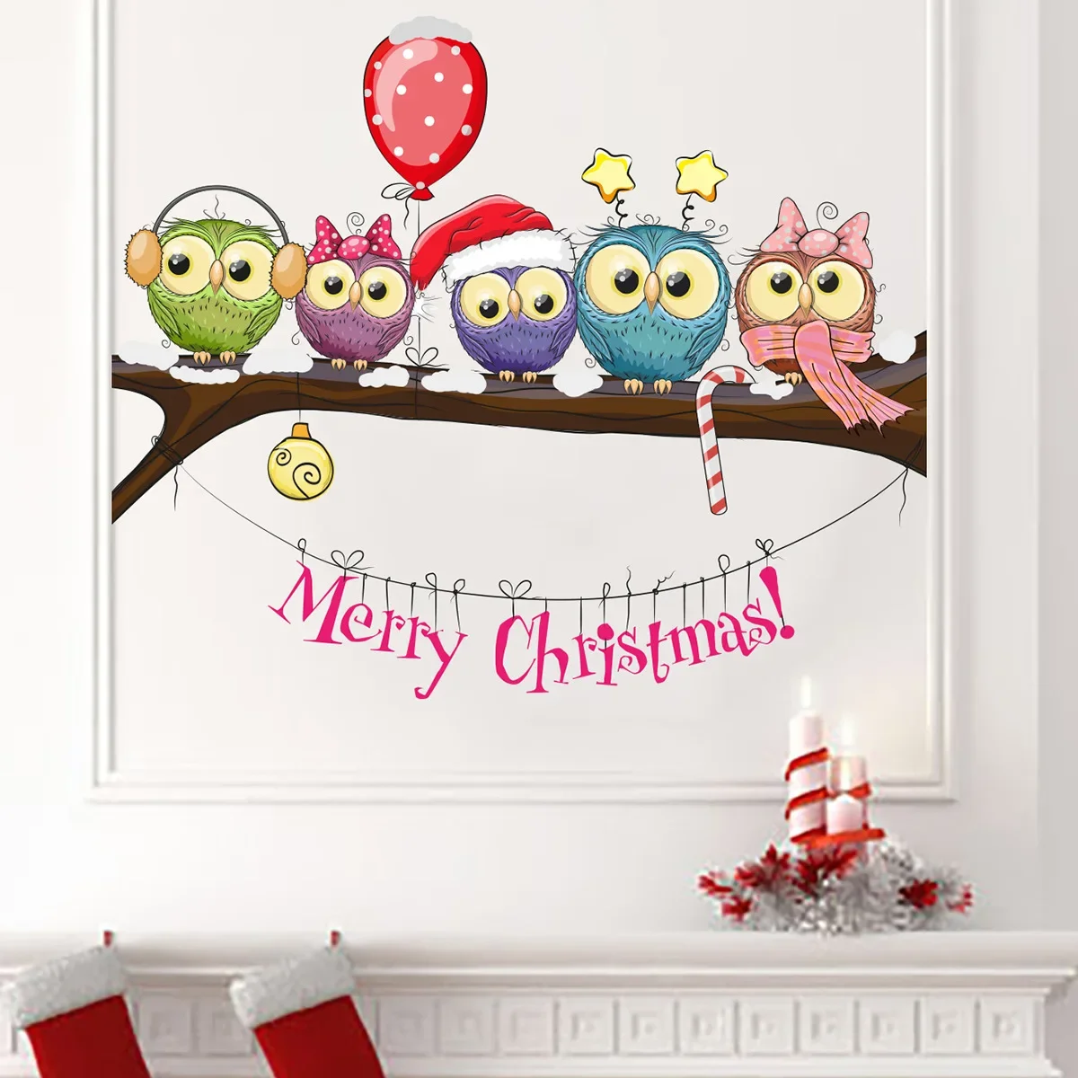 Christmas Owl On Branch Wall Stickers For Home Decor Mural Living Room Decoration Wallpaper Glass Window New Year Festival Decal