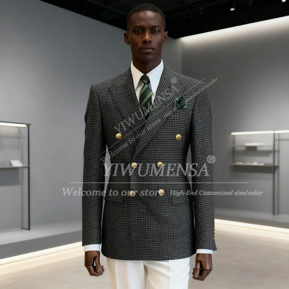

Classic Houndstooth Plaid Suits Men 2 Pieces Double Breasted Blazers Pants Customized Male Fashion Attire Groom Tuxedos Elegant