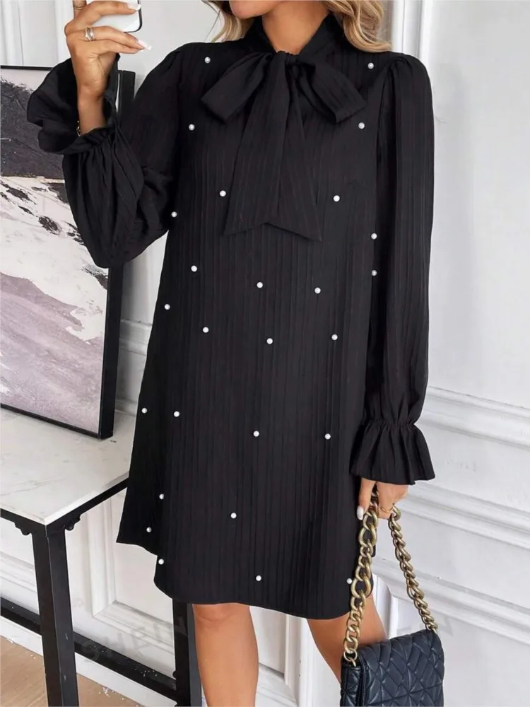 

Elegant Lace Up Mini Dress Woman‘s Fashion Beading Long Sleeves Loose Dresses Spring Autumn Ladies Solid Color A-line Vestidos
