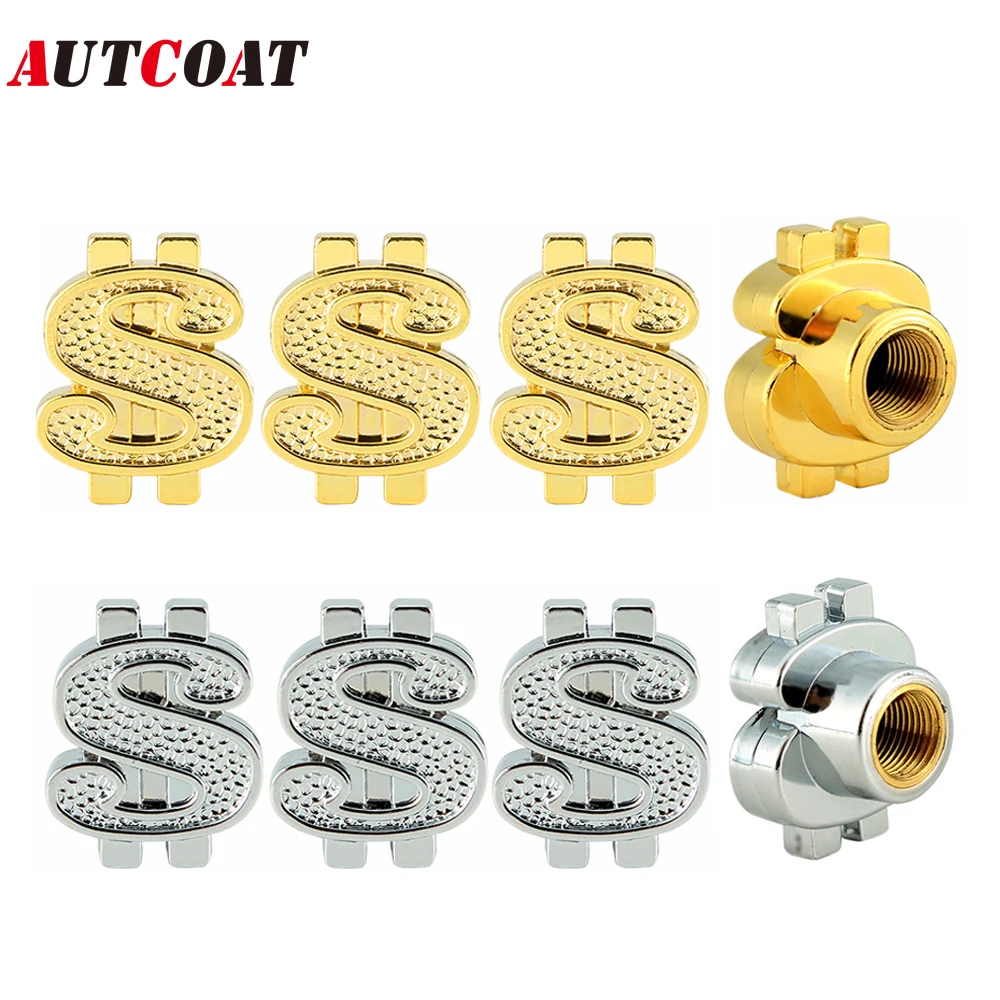 

AUTCOAT 4Pcs/Set Universal Car Moto Bike Dollar Symbol Wheel Tire Air Stem Valve Cap Dust Cover Car Styling