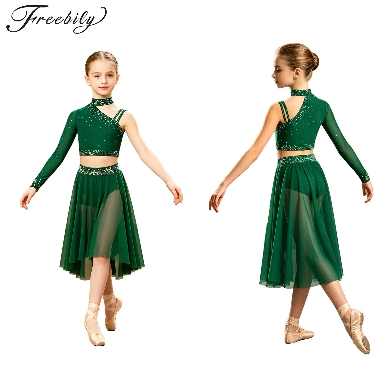 Kids Girls Lyrical Dance Outfit Figure Skating Ballet Contemporary Dancewear One Shoulder Rhinestones Crop Tops with Mesh Skirt