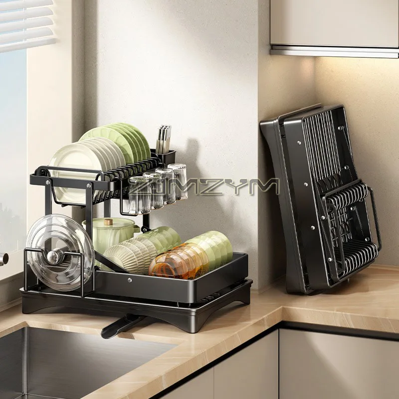 Double Tier Dish Bowl Drainer Storage Rack Multifuctional Kitchen Countertop Dinnerware Organizer