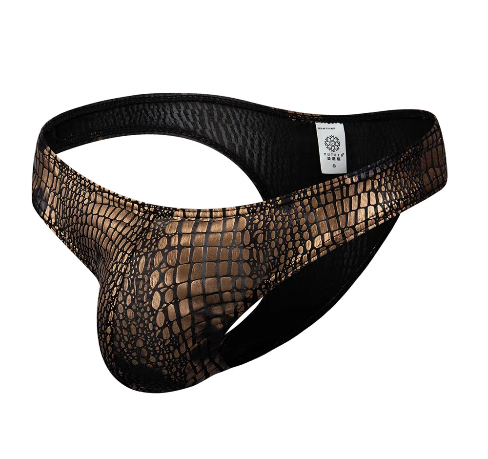 Men Shiny Snake Print Bikini Briefs, Metallic Croc Pattern Low‑rise Stretch Male Underwear