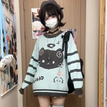 Y2K Striped Kawaii Cartoon Embroidery Sweater 5 Y2k Striped Kawaii Women Sweaters Cartoon Embroidery Harajuku Japanese Fashion Knit Pullovers Loose Cute Winter 5
