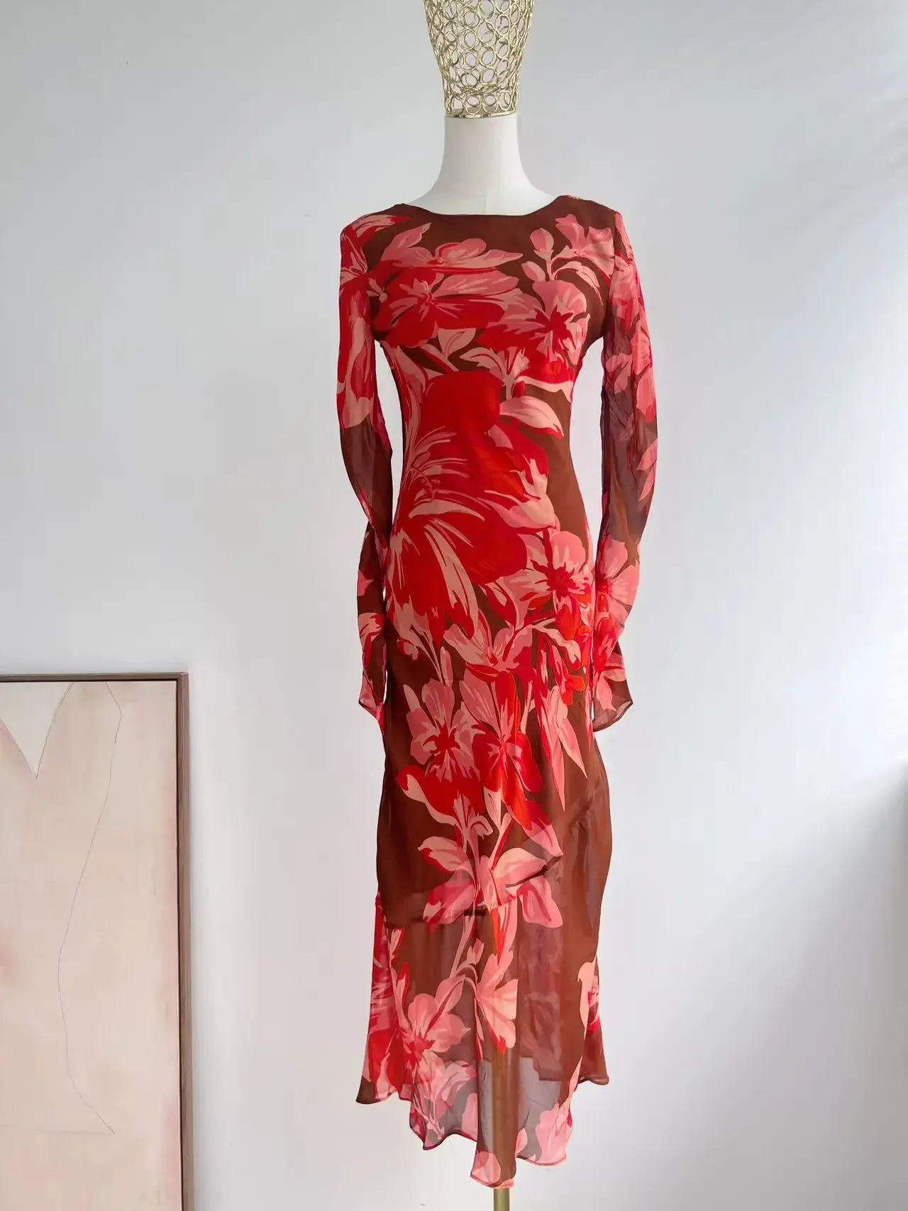 Robe Maxi transparente à imprimé floral pour femmes, dos nu, manches longues, col rond, Sexy, Slim
