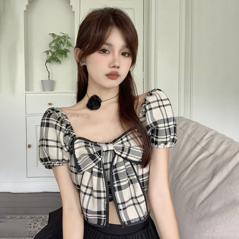 Women\'s Plaid Short Sleeve Tie Up Back Crop Top Off Shoulder Square Neck Blouse