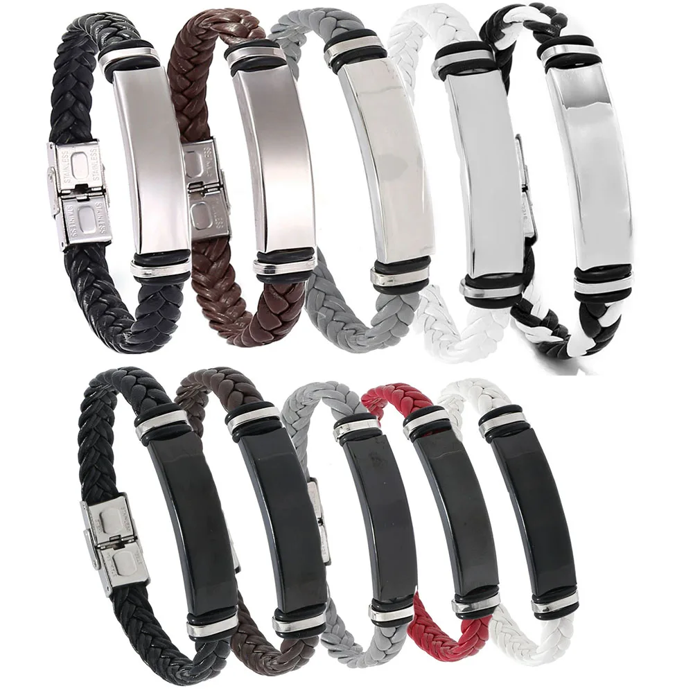 

Кожаный браслет из нержавеющей стали, идентификационная бирка, пустая для гравировки кожаного браслета с металлической пластиной, полированная, оптовая продажа, 10 шт.