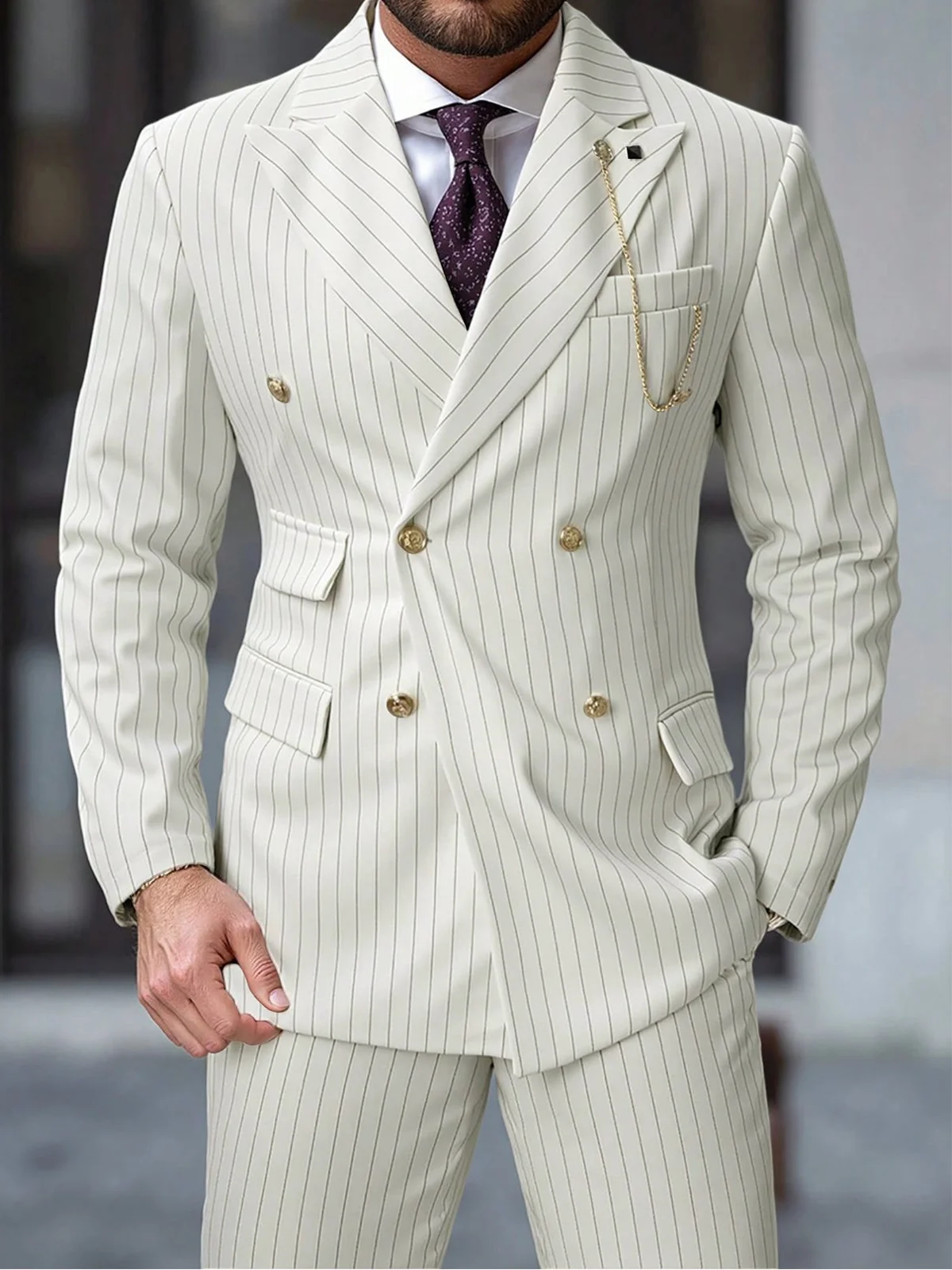 

ANNIEBRITNEY Ivory Stripe Business Suits for Men Slim Fit Peaked Lapel Double Breasted Smart Casual Man Suit Set 2 Piece Set