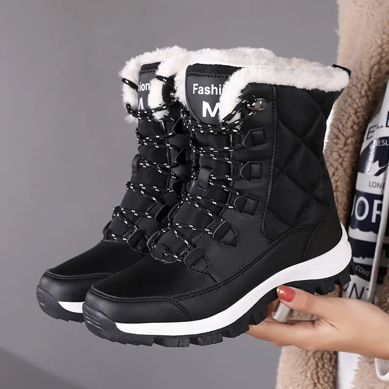 Women's Boots Winter Keep Warm Mid-Calf Waterproof Hiking Shoes Platform Anti-slip Snow Boots Ladies Casual Cotton Shoes Sneaker