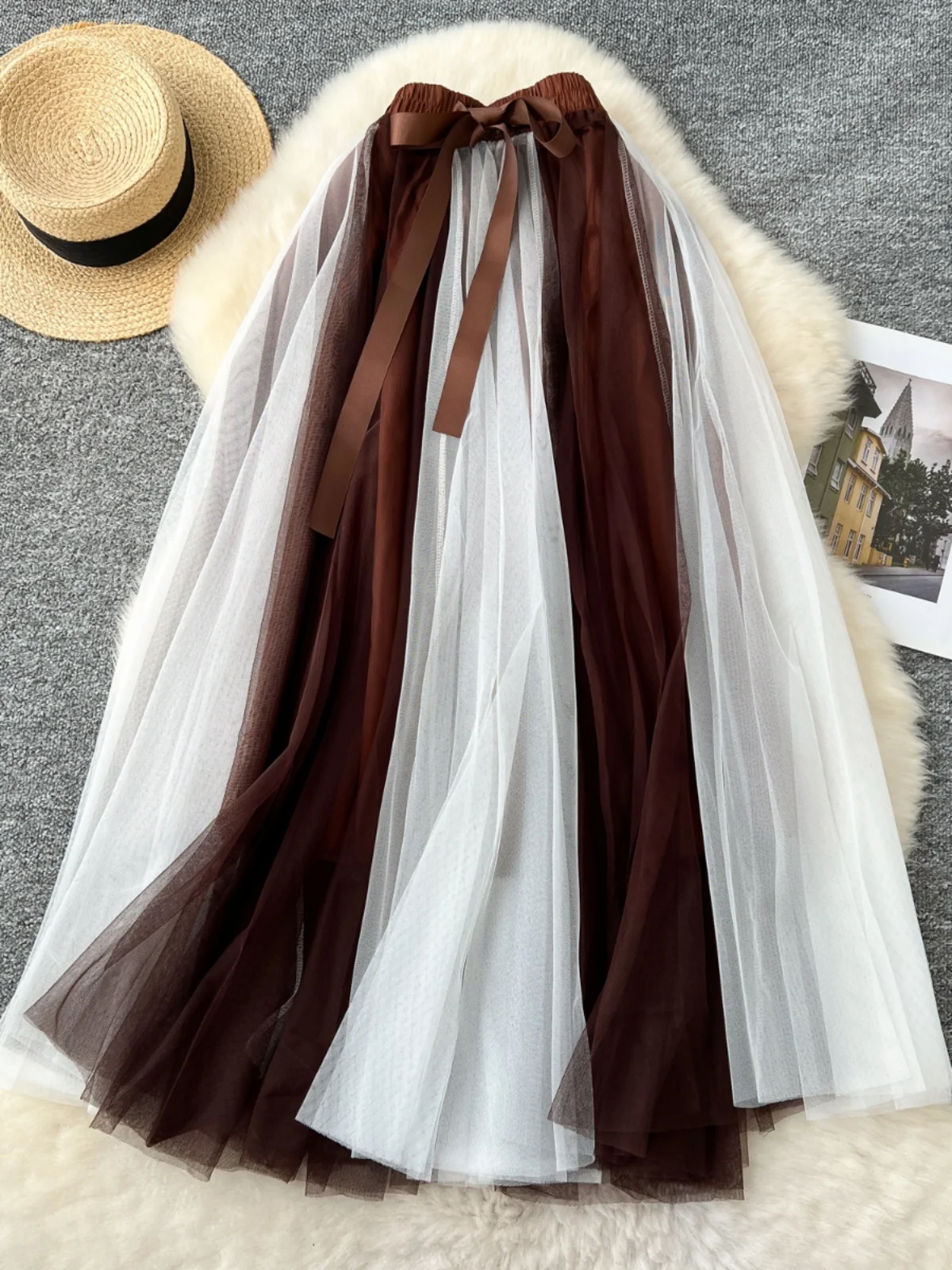 Elegant High-Waisted A-Line Skirt with Bow-Knot Elastic Waist And Color Block Design for Young Women Commuting in the City