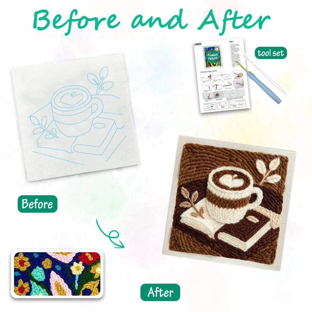 1 Set Kaffee- und Buch-DIY-Stickset für Anfänger, Stick-Starter-Kit, Kreuzstich-Kunstgeschenk, Handarbeits-Bastelset – Detail 1