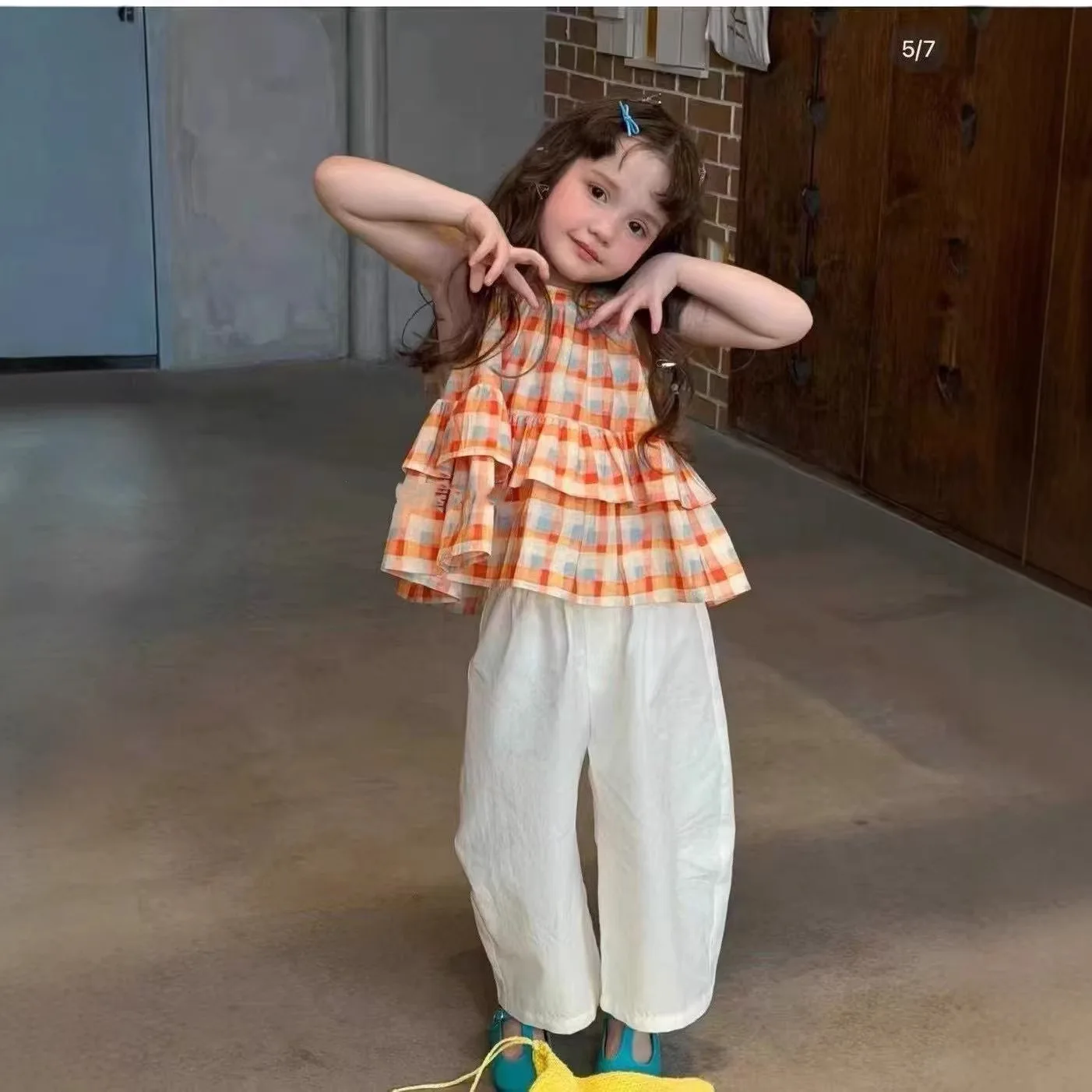 2026 Summer New Girls' Set Korean Style Checkered Hanging Neck Top+Wide Leg Pants Two Piece Set for 2-8 Year Old Children