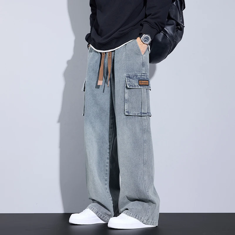 

Spring Autumn New Wide Leg Washing Jean Pants Men Trousers Neutral Solid Color Loose Casual Fashion Pocket Cargo Pants Big Size