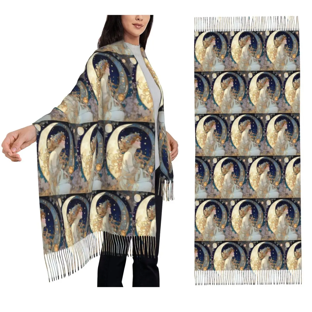 

Небесные мечты Альфонс Муча, шарф в стиле луны и звезд, шарфы с кисточками, шали и накидки, большая осенне-зимняя шаль