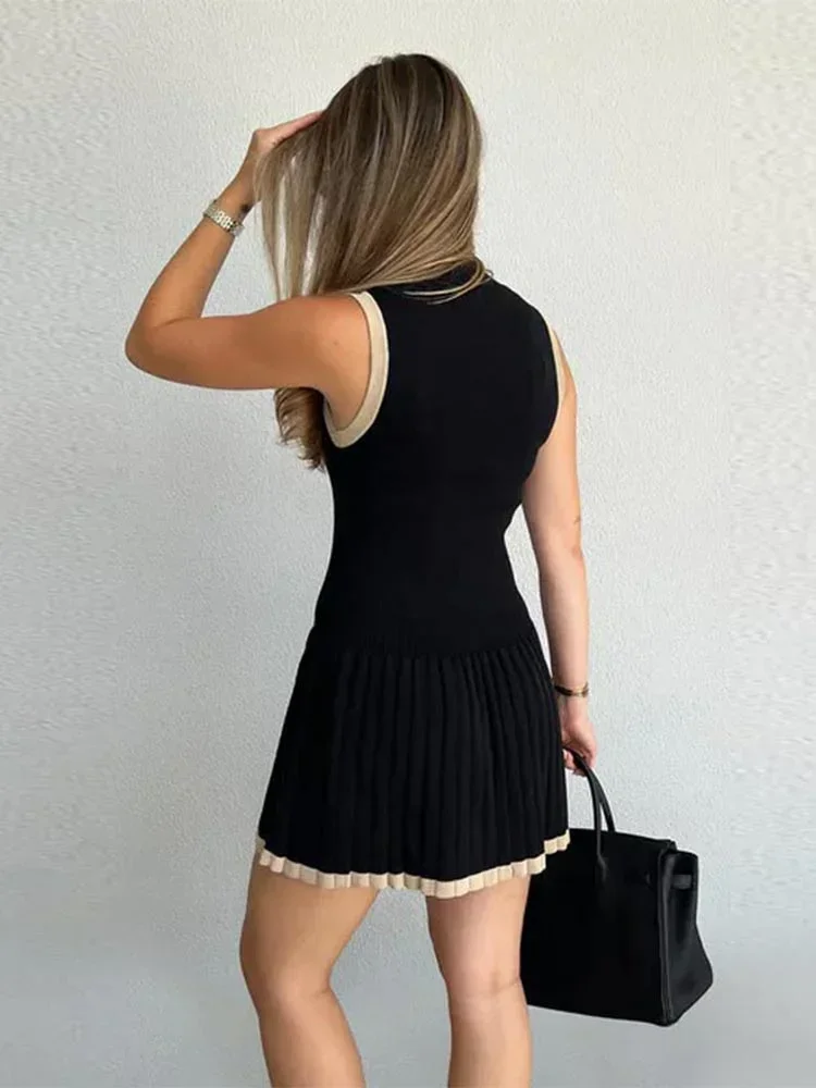 Women Fashion Contrast Pleated Knitted Mini Dress Chic Half High Collar Sleeveless Slim Dresses 2024 New Female High Streetwear