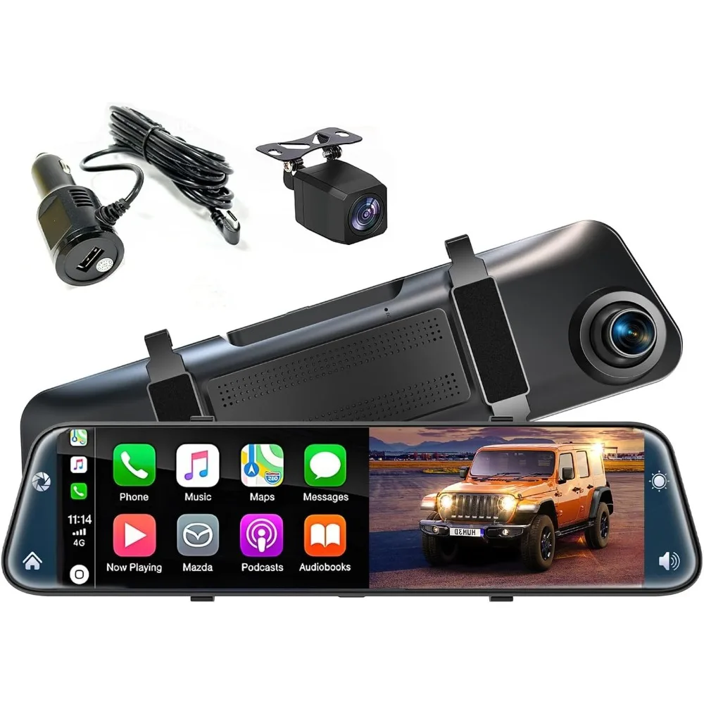 كاميرا مرآة الرؤية الخلفية مقاس 12 بوصة مع CarPlay Andorid Auto، كاميرا احتياطية أمامية وخلفية بدقة 4K مع مساعدة/حلقة R عكسية