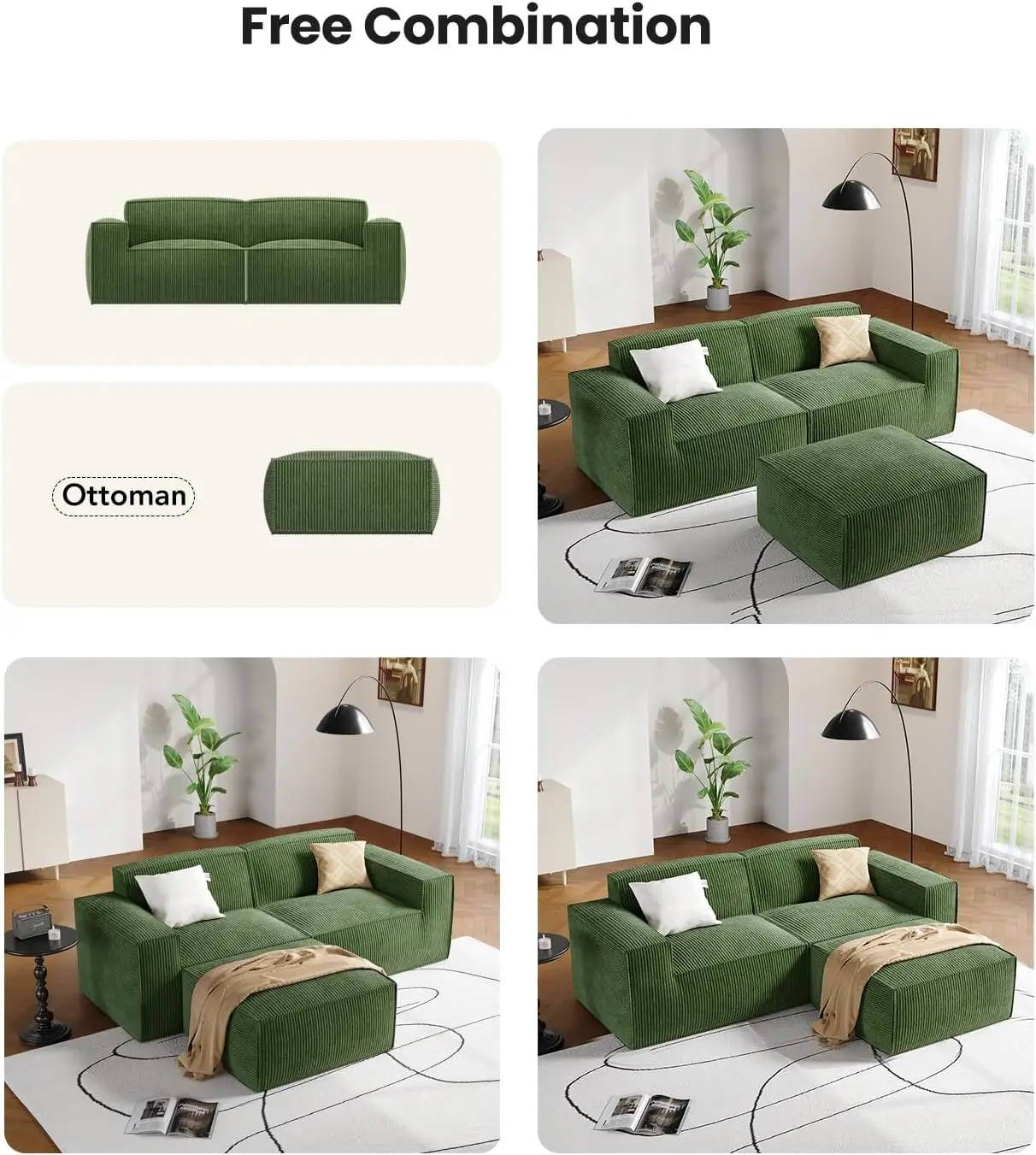 L Shaped Sofa Modular, Corduroy Clopud Couches with Deep Seats Upholstered Couches for Living Room Bedroom with Ottoman - view 3