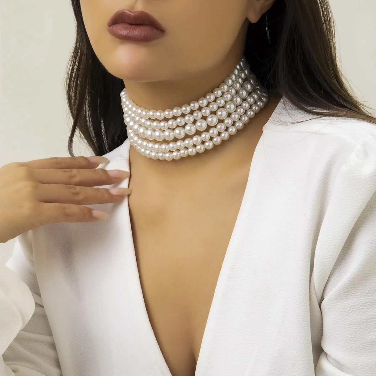 Vintage Imitation Pearl Multi-Layer Necklace Oval Beasds Choker Elegant Collar for Women's Chain Jewelry Accessories Party Gift