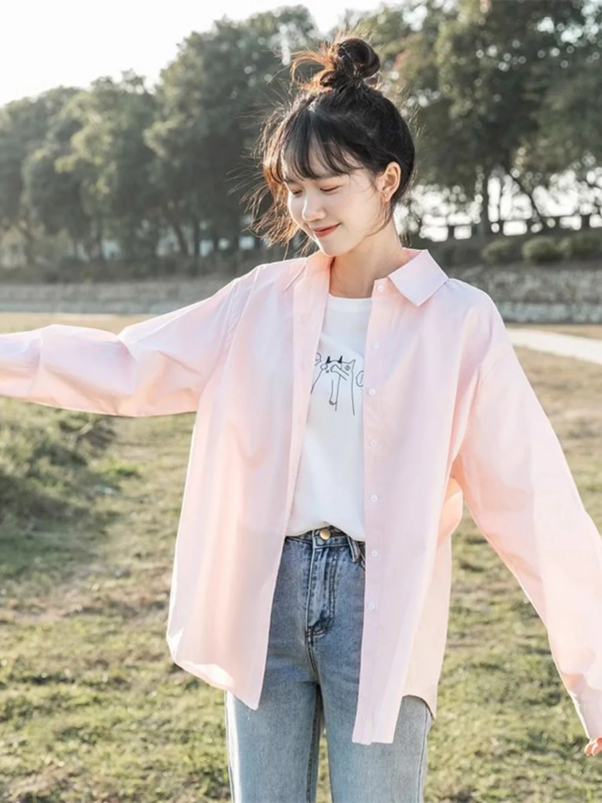 

Pink Long Sleeve Women's Sun Protection Shirt Loose Fit Thin Spring Summer Top Korean Style Pure Color Casual Collar