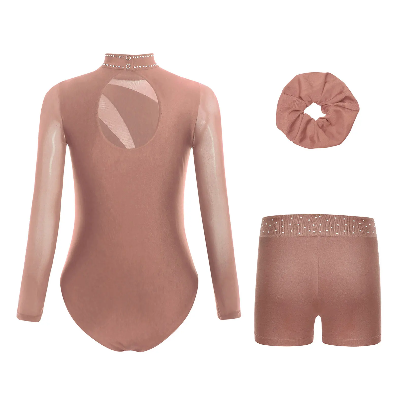 Conjunto de ginástica de três peças para meninas, manga longa, collant de dança de balé com shorts, faixa de cabelo, fantasia de performance de patinação artística