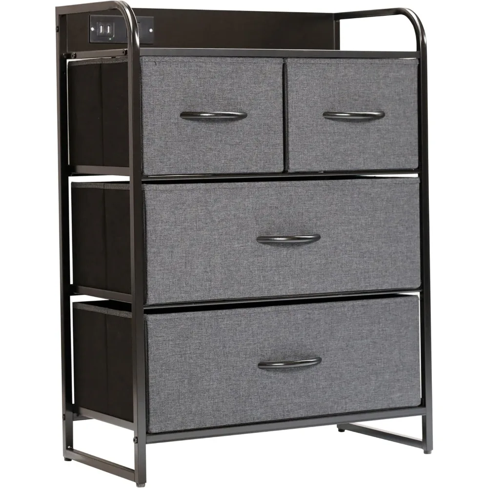 

Flash Furniture Sodano Тумбочка с 4 ящиками и зарядной станцией, 2 USB-порта, 1 розетка, тканевые ящики, деревянные ручки, металлический Fra