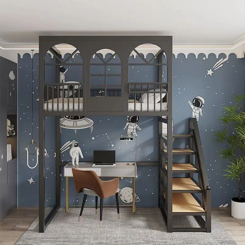 Simple and space-saving wrought iron bed, two floors of elevated double bunk up and down a ladder 4