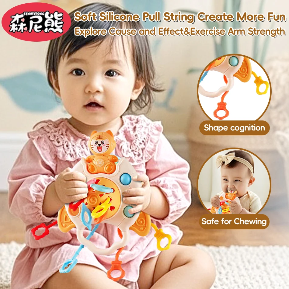 SENNIXIONG 5in1 Montessori Tandjes Baby Schattige Beer Tijger Ruimtevaarder Pull String Baby Zintuiglijke Ontwikkelen Rammelaars Speelgoed Voor Peuter