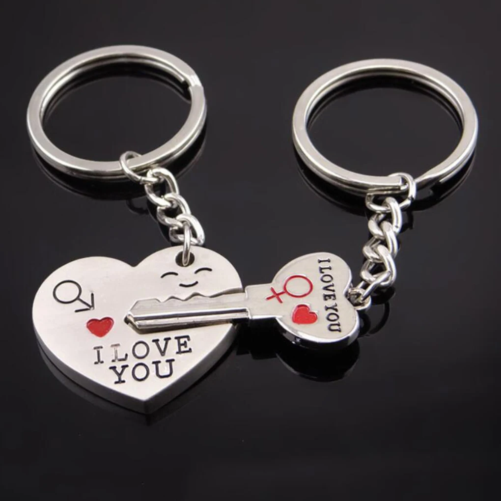 1 Pair Couple Key Chain Heart Shape Cute Pendant Alloy Lovers Keyring Anniversary Gift