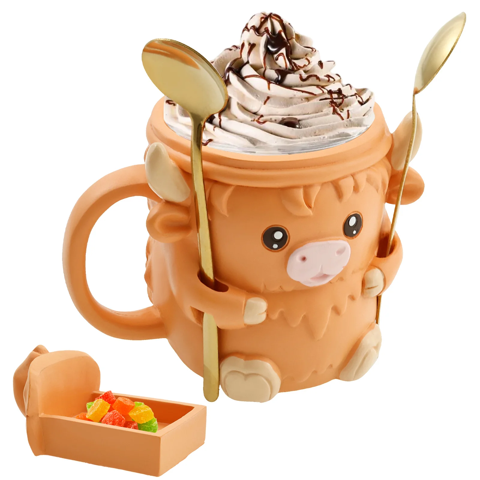 Highland Cow Style Ice Pint Holder Synthetic Resin Cute Ice Cream Pint Mug Holder with 2 Spoons for Beverage Can