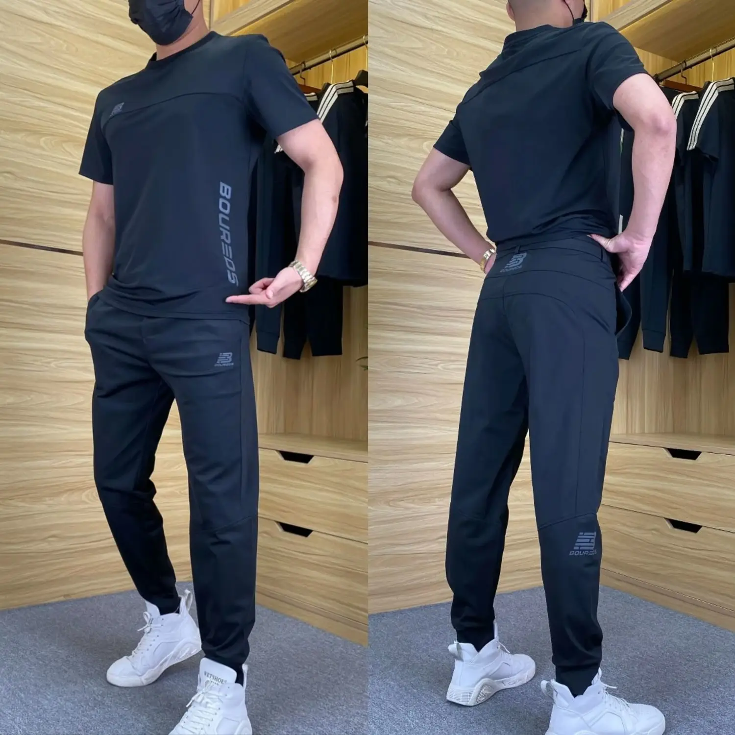 Ice Silk Casual Sports Set Men's Summer Thin Quick Dry Short Sleeve Long Pants Two Piece Loose Elastic Whole Set T-Shirt Long...