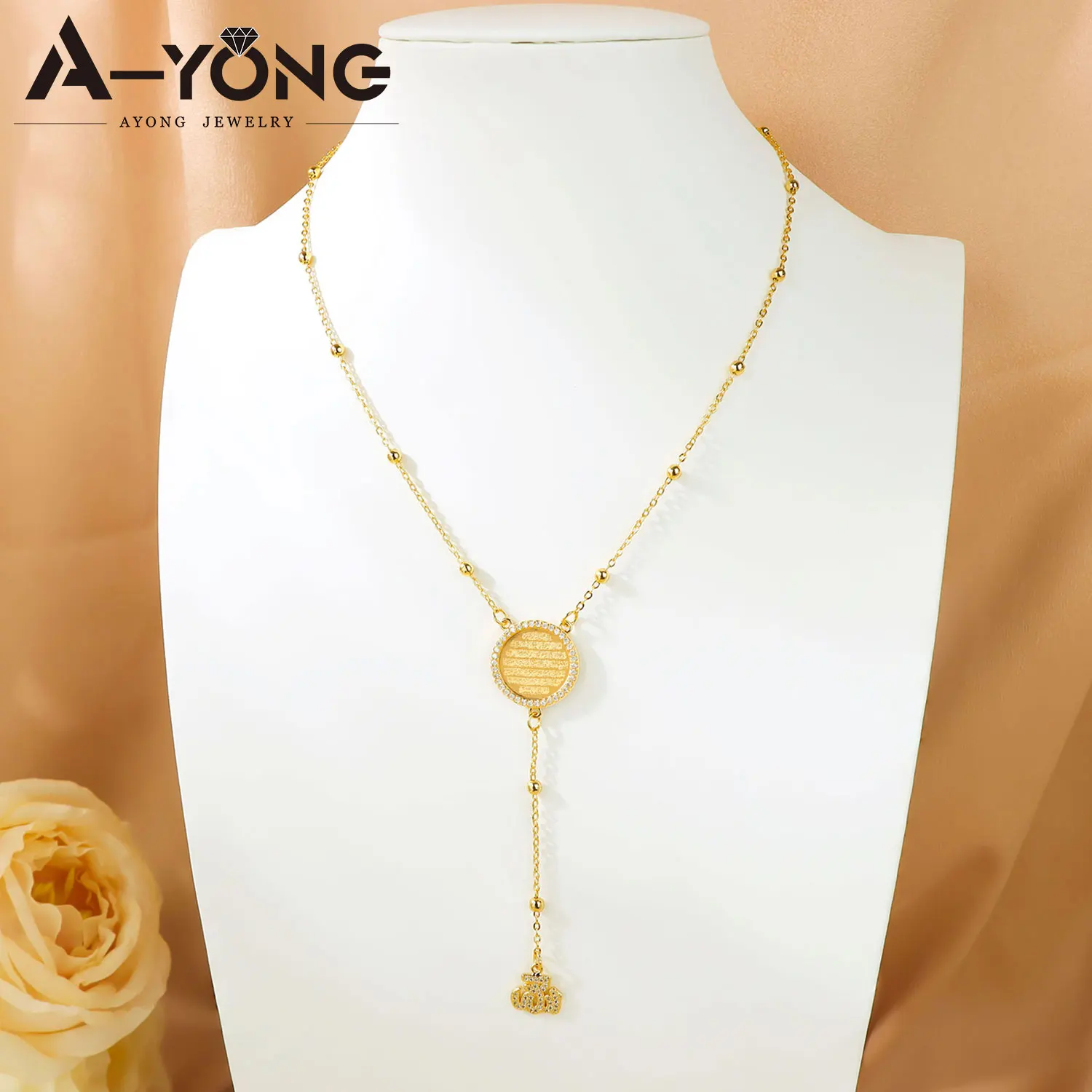 Arabic Fashion Zirconia Necklace 21k Gold Plated Dubai Muslim Lucky Coins Necklaces Women Vintage Ayatul Kursi Jewelry