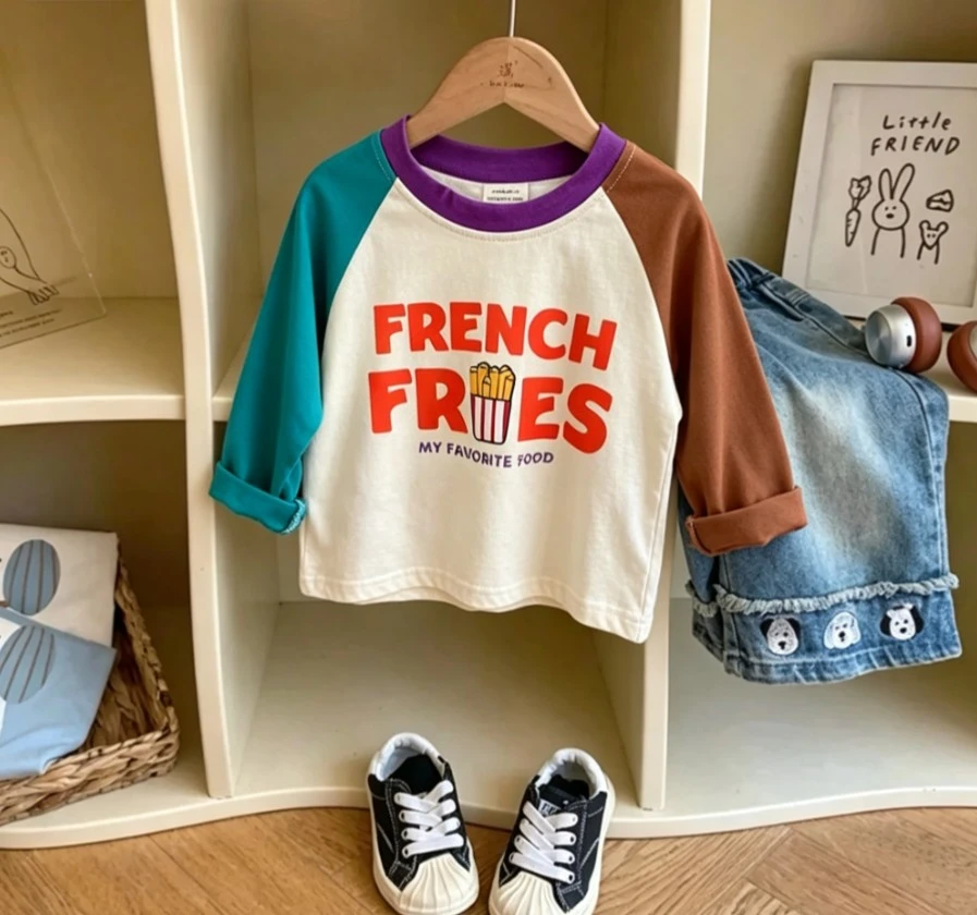 Kids Long Sleeve T Shirt Cute Pizza Donut Popcorn Pattern Kid Crew Neck Tee Soft Cotton Casual Wear Tees Children Daily Pullover