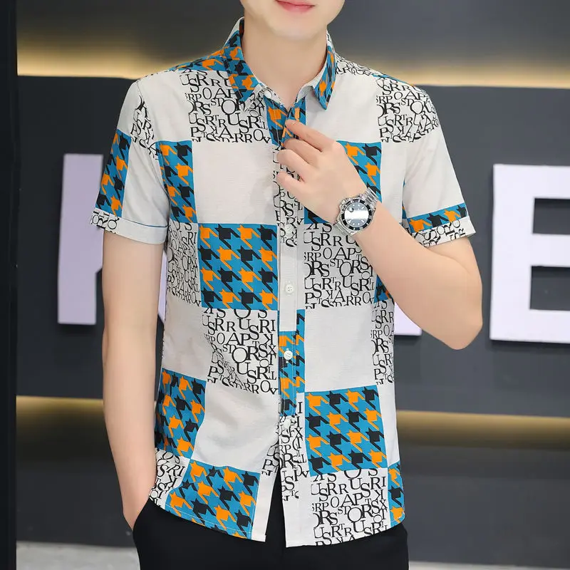 Fashion Lapel Printed Letter Houndstooth Shirts Men's Clothing 2024 Summer New Loose Casual Short Sleeve Tops Korean Shirts