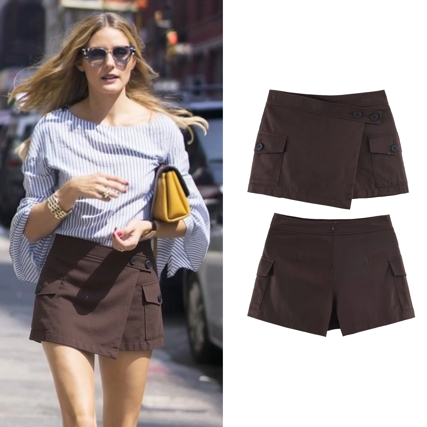 

Женские шорты-юбка цвета кофе, весенне-летние, шикарные, асимметричные, с высокой талией, с карманами, А-силуэт, свободного кроя