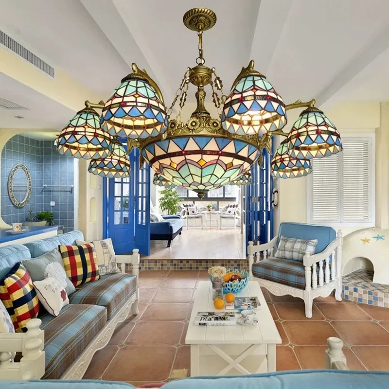Mediterranean living room pendant light, blue colored glass pendant light, living room bedroom dining room ceiling light