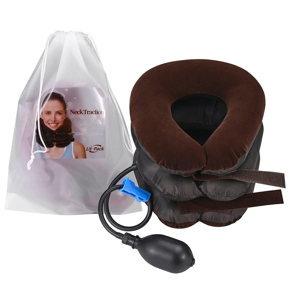 Cervical Neck Traction & Inflatable Adjustable Neck Stretcher Provide Neck Support Soft Orthopedic Pillow in Carrying Bag