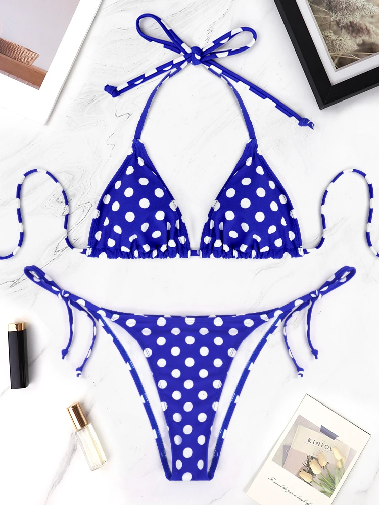 

Женский пляжный купальник, комплект бикини, летний синий и белый купальник в горошек, повседневный женский комплект бикини для отпуска