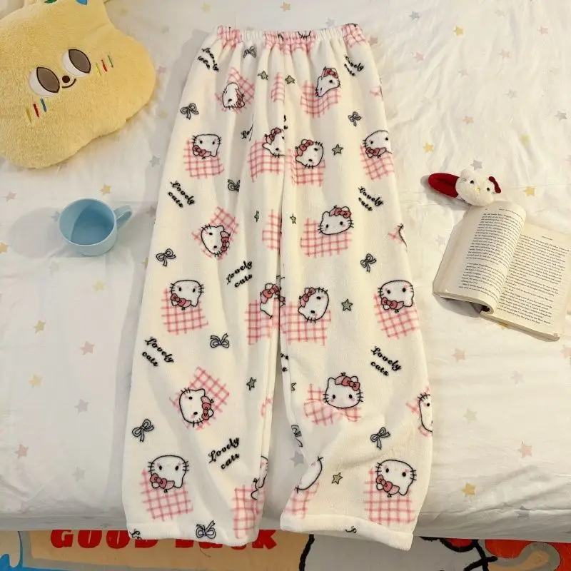 Sanrio 헬로 키티 여성 Y2K 파자마 바지 카와이 만화 겨울 따뜻한 잠옷 바지 산호 양털 잠옷 바지 홈웨어 New