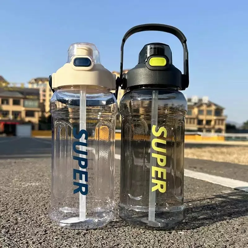 INS Style 2L Large Capacity Sports Water Bottle, Leakproof Drop Resistant Straw Cup with Scale for Travel Fitness Daily Use