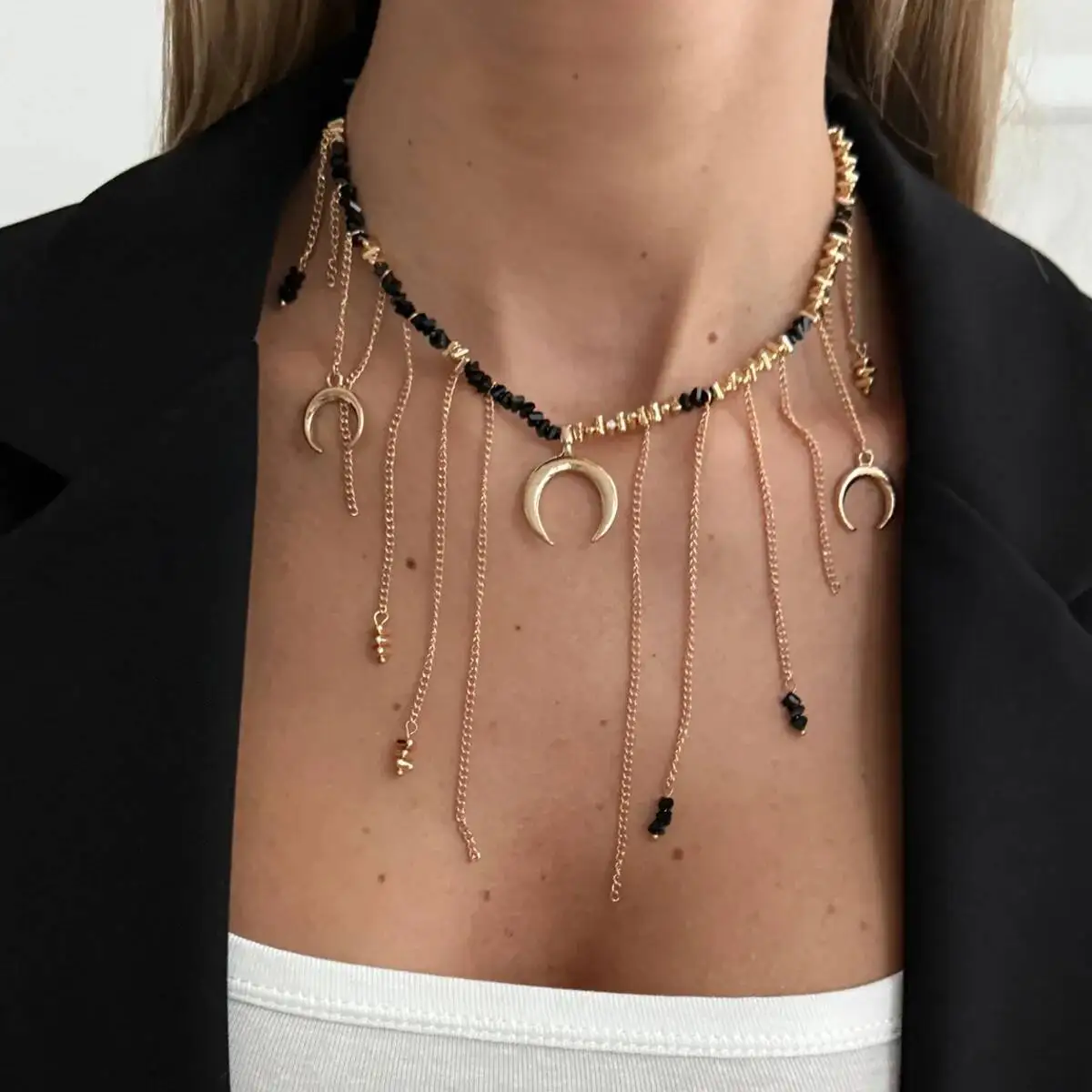 SHIXIN Creative Black Crystal Chain Chokers Necklace Women 2026 Fashion Metal Tassel Moon Pendant Necklace Jewelry on the Neck