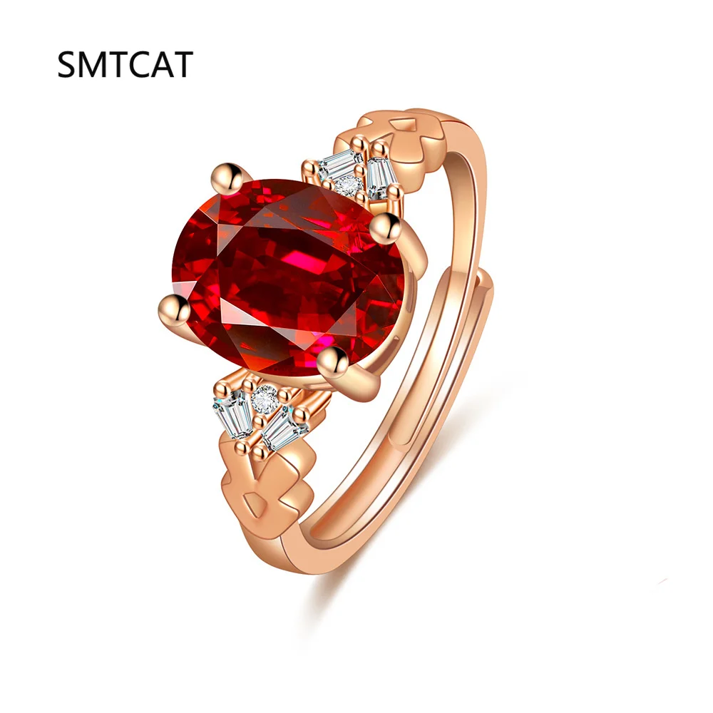 Oval Red Genuine Natural Garnet Ruby 925 Sterling Silver Geometric Adjustable Ring for Women Fashion Statement Gemstone Jewelry