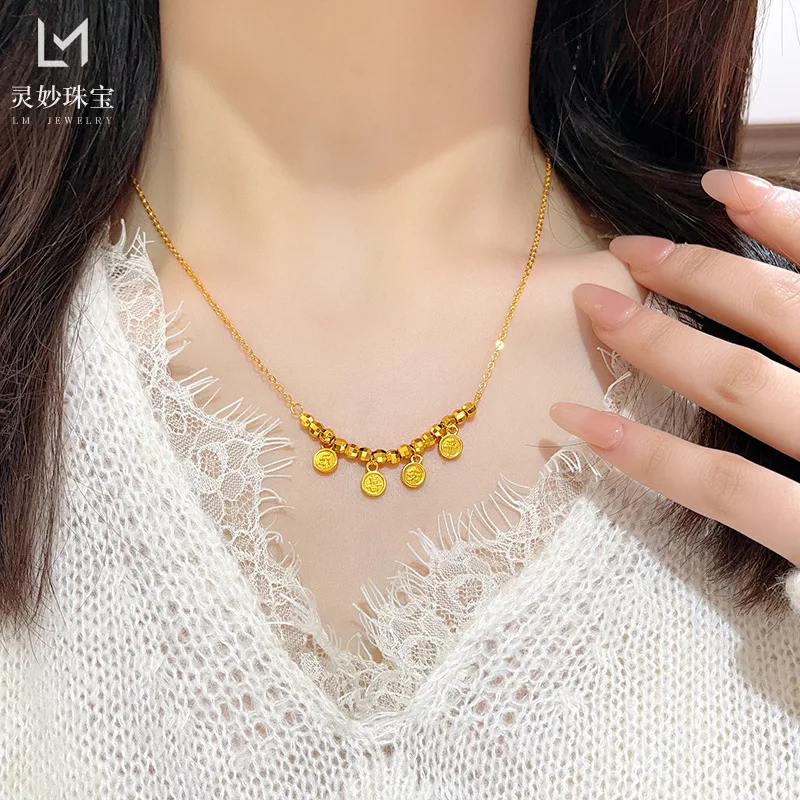 9999 24K real gold store, same style women's gold necklace, transfer beads, small round brand, girlfriend gift, luxury jewelry
