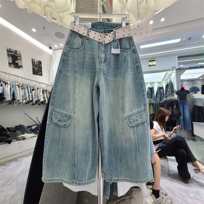 Light Wash Wide Leg Jeans Women Summer Loose Straight Cut Knee Length Denim Pants Casual Neutral Style Jeans Mid-Length Pants