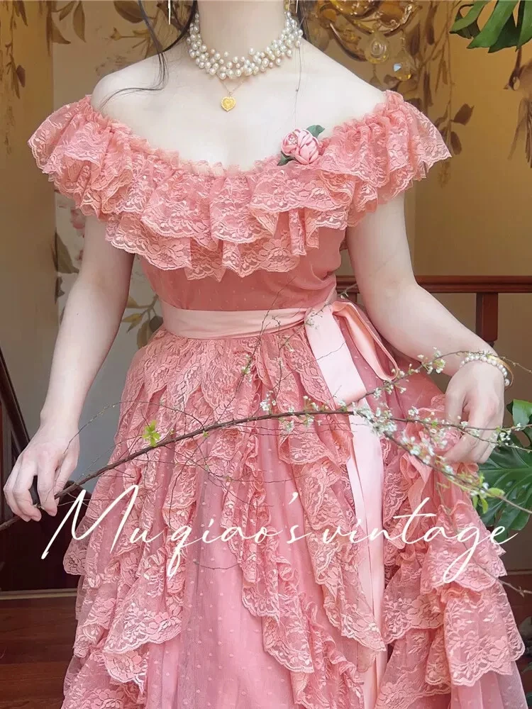 Vestido francês de renda em camadas para mulheres, design original, inspiração vintage, doce princesa, primavera e verão, busto de 80 a 100cm, anos 80