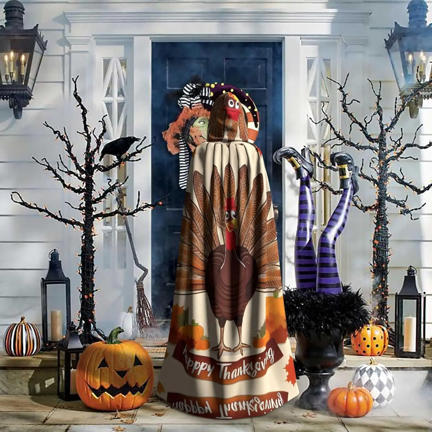 عباءة بغطاء للرأس للبالغين للهالوين، ديكور عيد الشكر السعيد، تركيا مع عباءة بغطاء للرأس بنمط أوراق القيقب مع ربطة عنق على شكل ربطة عنق