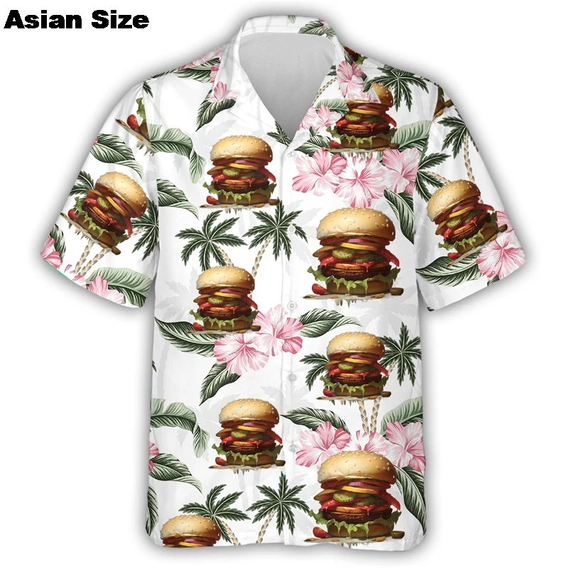 Food Hamburger Graphic Shirts For Men Clothes 2025 Casual Hawaii Burger Beach Shirt Aloha Hip Hop Short Sleeve Vacation Blouses